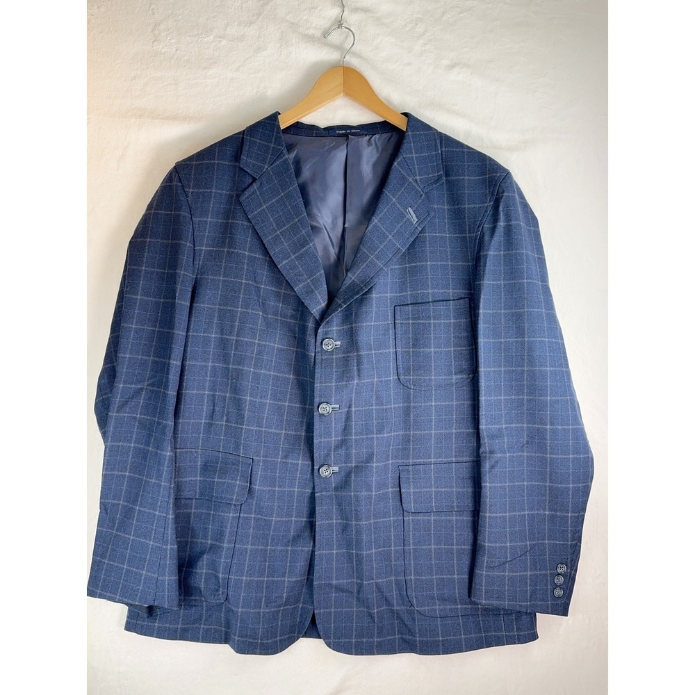 T‎ Harris Blazer Mens Medium Blue Windowpane Check 100 Wool Sport Coat Jacket